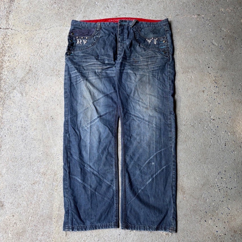 Crown Holder Baggy Distressed Denim Jeans Dark Wash Embroidered 44/35
